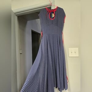 Stop staring Navy Polka Dot Dress with Red Accents.